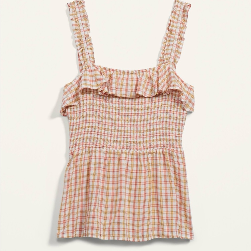 Old Navy Ruffled Smocked-Bodice Pink Plaid Sleeveless Top XL